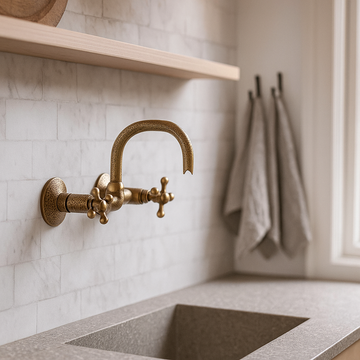 Moroccan Hammered Brass Wall Mount Faucet – Handmade Style Oil-Rubbed Bathroom Sink Tap with Cross Handles, Copper Kitchen Water Mixer Tap