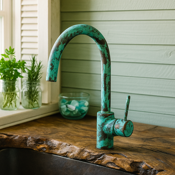 Oxidized Copper Mixer Bar Faucet, SIngle Handle Green Patina Faucet Bar Sink