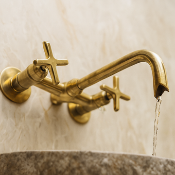 Wall-Mounted Unlacquered Brass Kitchen Faucet – Swan Neck & Cross Handles