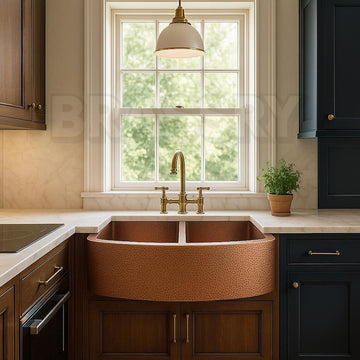Copper Farmhouse Sink, Double Bowl Hammered Copper Sink, Rustic Apron Front Kitchen Sink, Handmade Antique Patina Basin