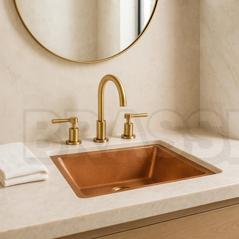 Engraved Moroccan Square Drop-In Bathroom Vessel Sink – Hammered Farmhouse Bathroom Sink Set – Artisan Round Hammered Gold Bathroom Basin