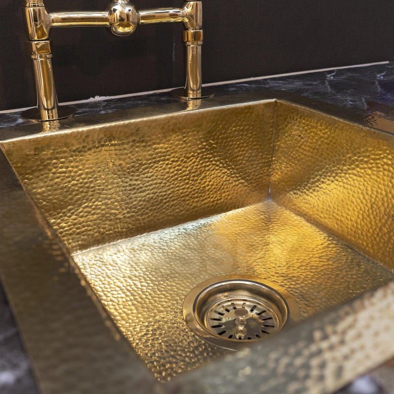 Hand-Hammered Moroccan Brass Bar Sink, Unlacquered Solid Brass Farmhouse Prep Sink for Bar, Kitchen Hammered drop in Sink