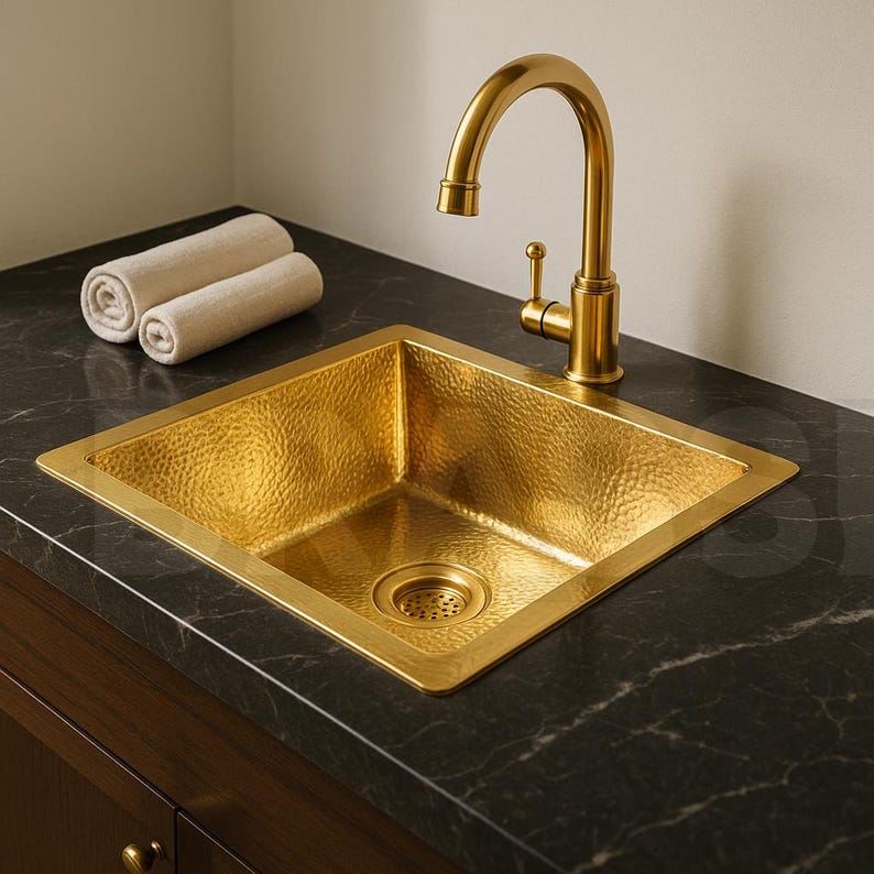 Handcrafted Moroccan Hammered Brass Bar Sink – Square Drop-In Unlacquered Kitchen Prep Sink – Gold Copper Utility Basin Handmade Luxury