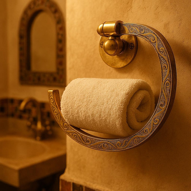 Handmade Moroccan Brass Towel Holder Ring – Vintage-Style Wall-Mounted Bathroom Accessory with Intricate Floral Engraving