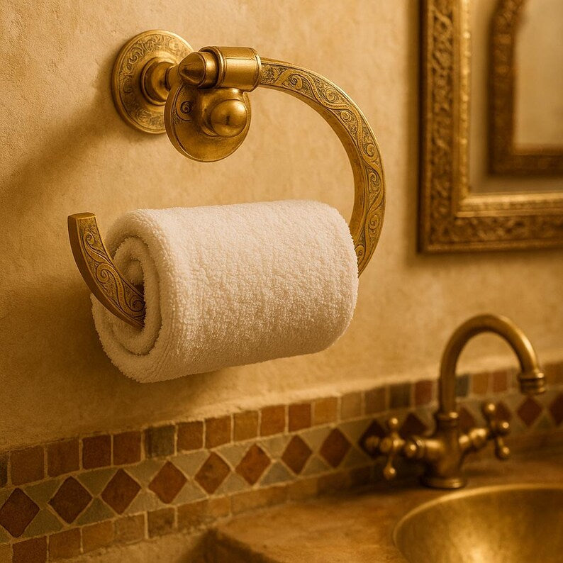 Handmade Moroccan Brass Towel Holder Ring – Vintage-Style Wall-Mounted Bathroom Accessory with Intricate Floral Engraving