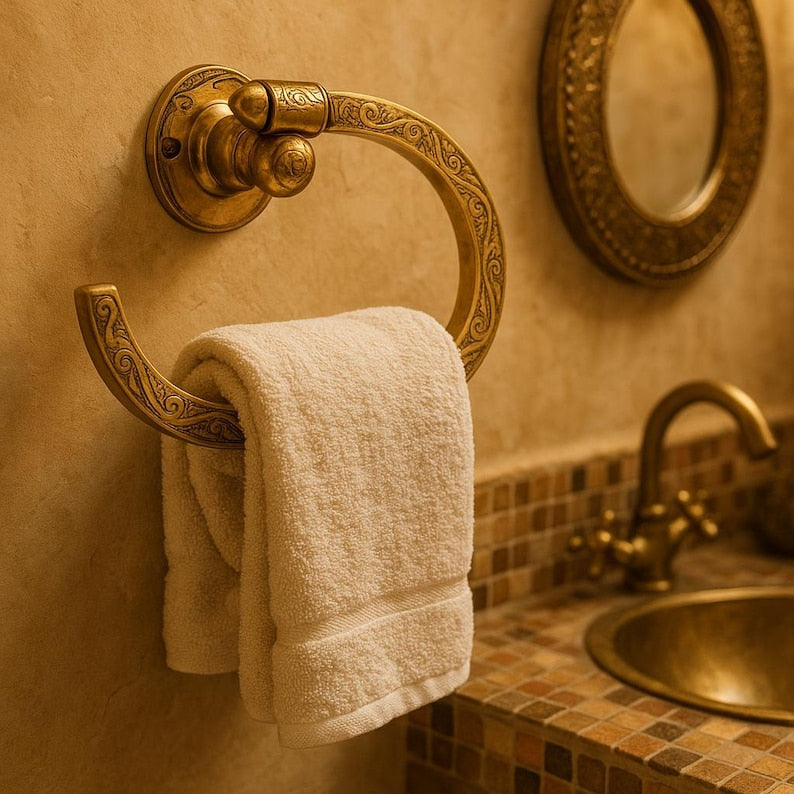 Handmade Moroccan Brass Towel Holder Ring – Vintage-Style Wall-Mounted Bathroom Accessory with Intricate Floral Engraving