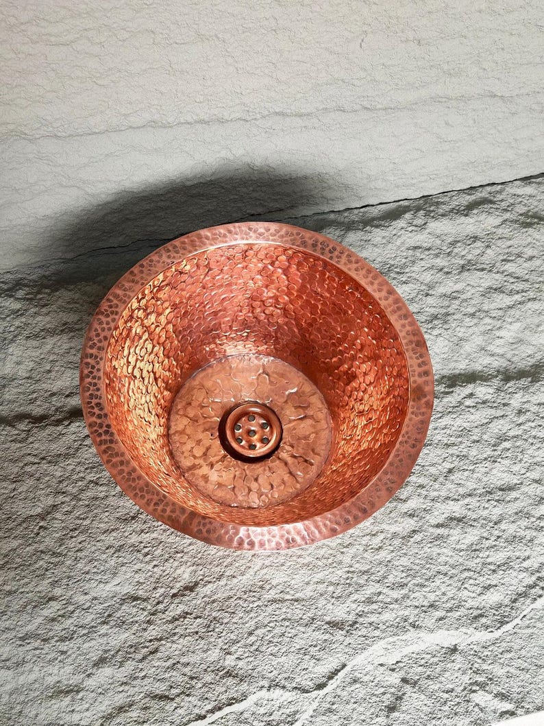 Handmade Moroccan Copper Sink – Round Hammered Bathroom or Bar Sink Basin with Rolled Rim in Pure Polished Copper Finish, Copper Wash Basin