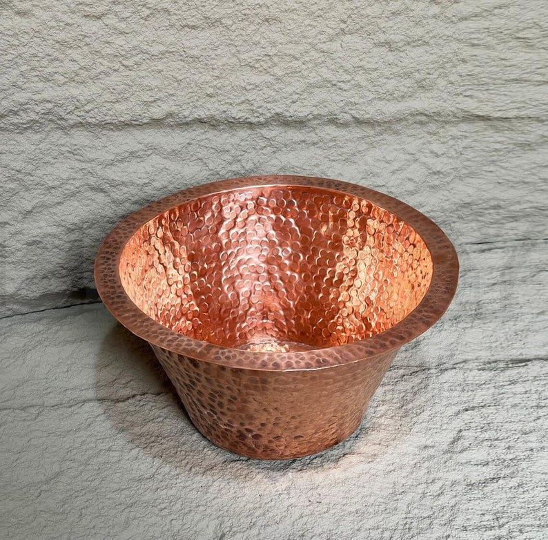 Handmade Moroccan Copper Sink – Round Hammered Bathroom or Bar Sink Basin with Rolled Rim in Pure Polished Copper Finish, Copper Wash Basin