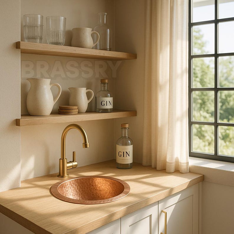 Handmade Moroccan Copper Sink – Round Hammered Bathroom or Bar Sink Basin with Rolled Rim in Pure Polished Copper Finish, Copper Wash Basin