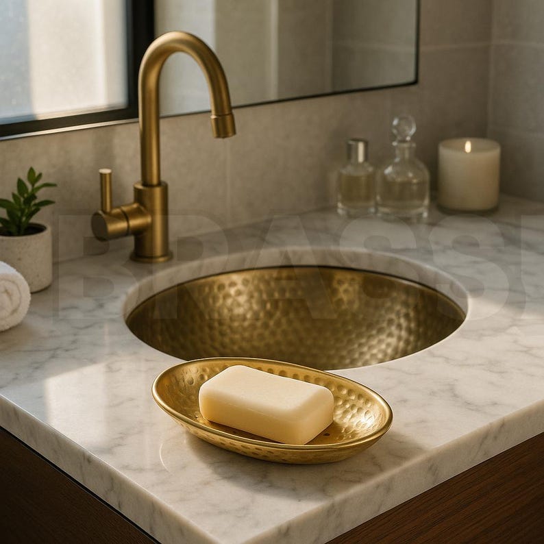 Handmade Moroccan brass wall-mounted soap holder with grid design and unlacquered finish