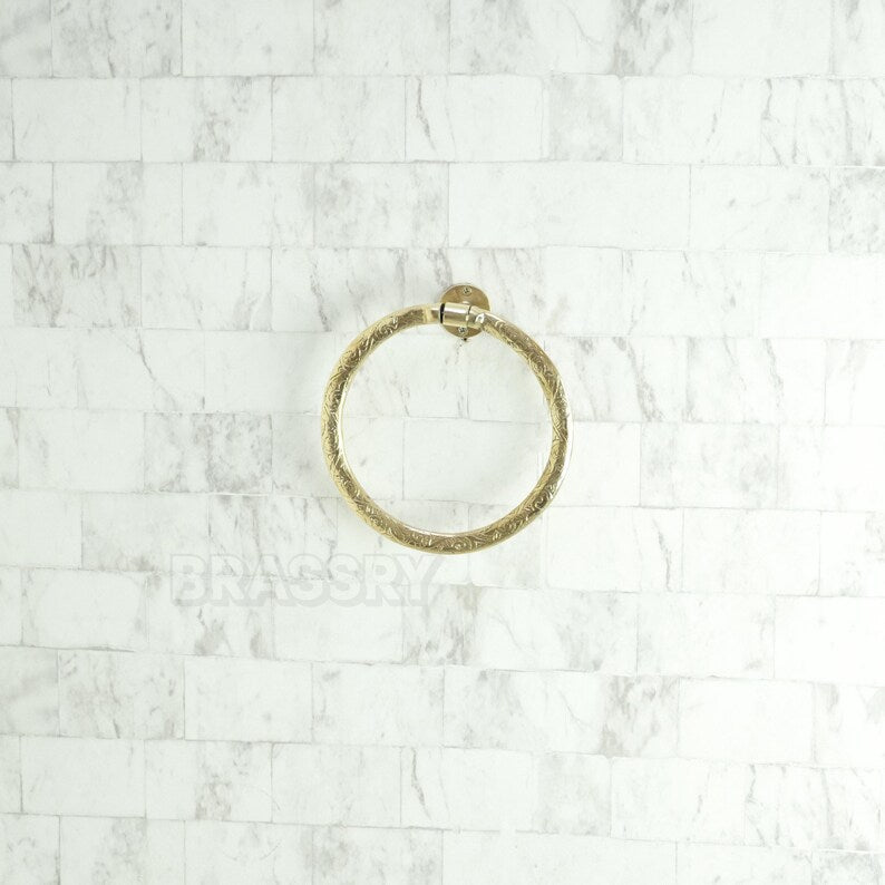 Handmade Moroccan solid brass towel ring with polished or engraved finish, wall-mounted