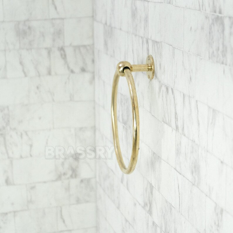 Handmade Moroccan solid brass towel ring with polished or engraved finish, wall-mounted