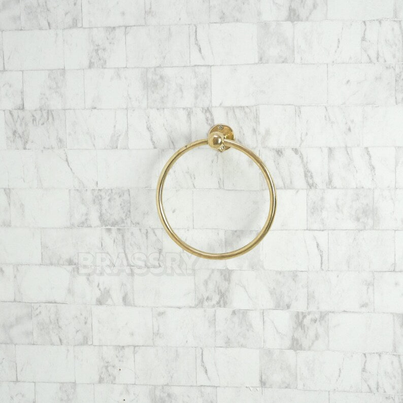 Handmade Moroccan solid brass towel ring with polished or engraved finish, wall-mounted
