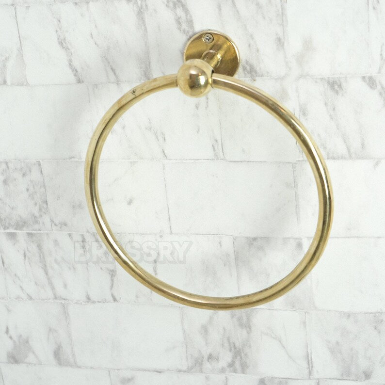 Handmade Moroccan solid brass towel ring with polished or engraved finish, wall-mounted