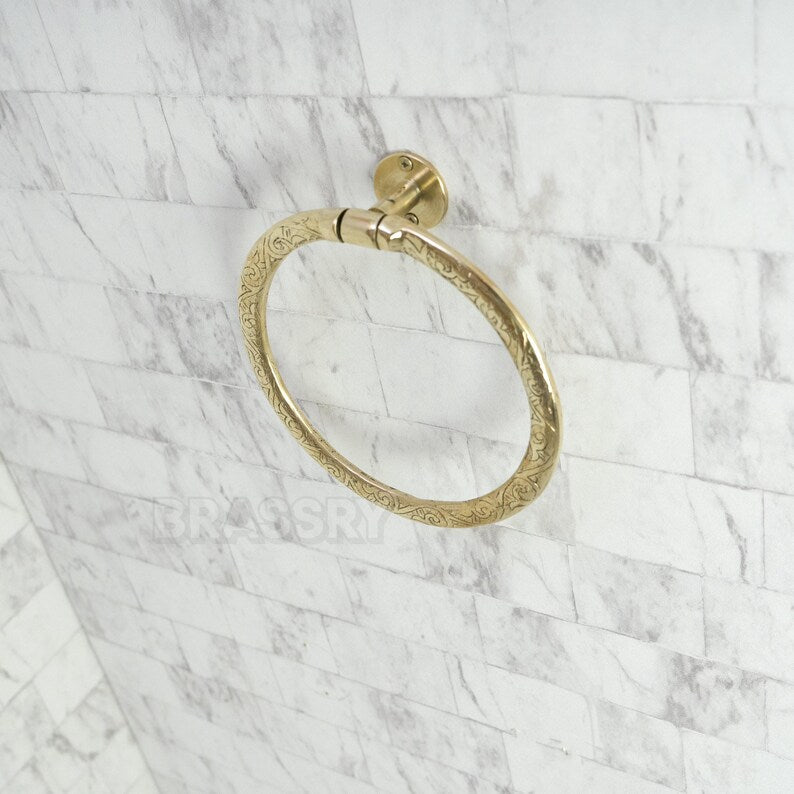 Handmade Moroccan solid brass towel ring with polished or engraved finish, wall-mounted