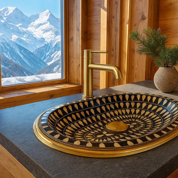 Handmade black oval brass bathroom sink with ivory bone and resin inlay