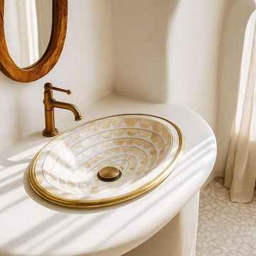 Handmade oval brass sink with bone and resin inlay – Moroccan drop-in bathroom vanity basin