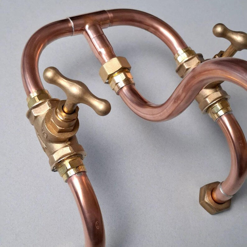Industrial copper wall mount faucet handmade with brass valves