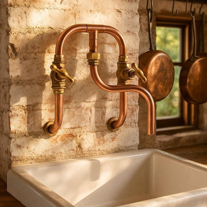 Industrial copper wall mount faucet handmade with brass valves