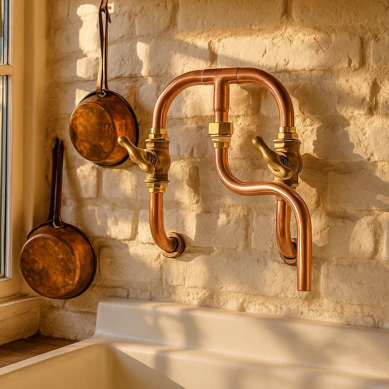 Industrial copper wall mount faucet handmade with brass valves