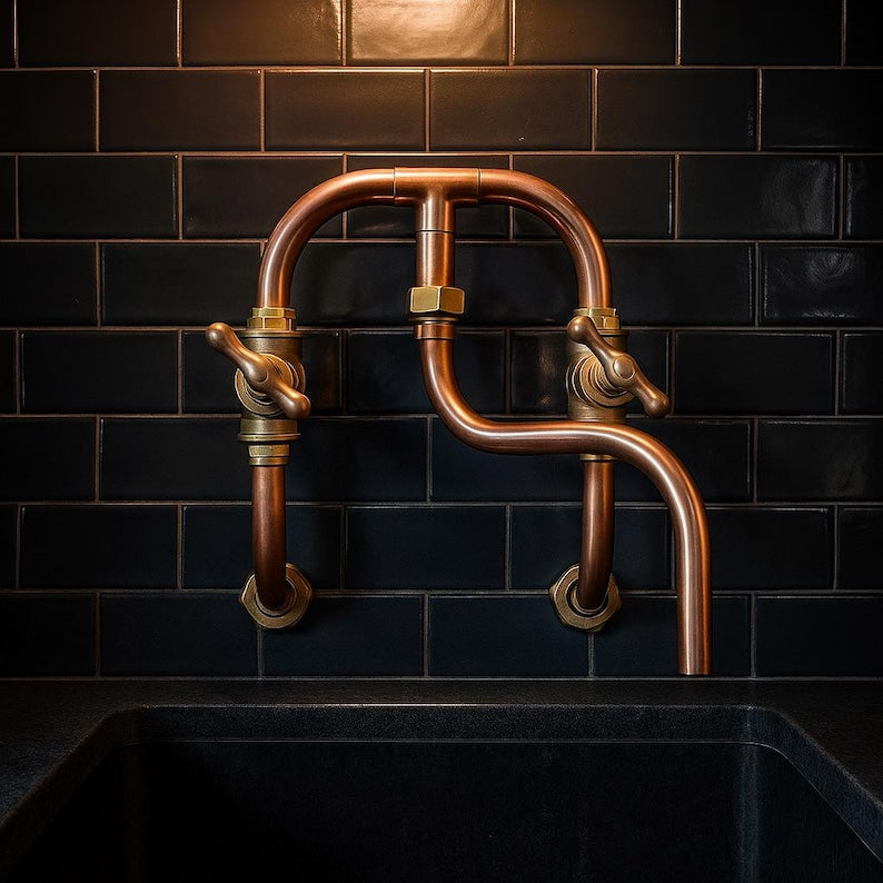 Industrial copper wall mount faucet handmade with brass valves