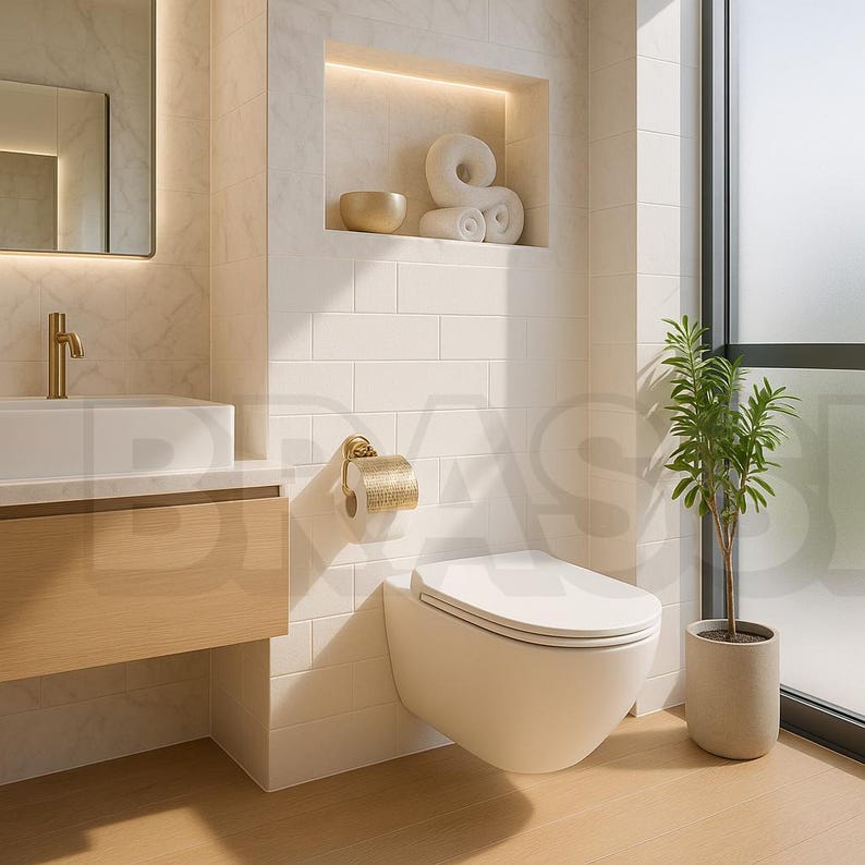 Luxury Brass Toilet Paper Holder – Modern Wall Mount Bathroom Fixture – Polished Gold Finish – Minimalist Hotel Style Bathroom Decor