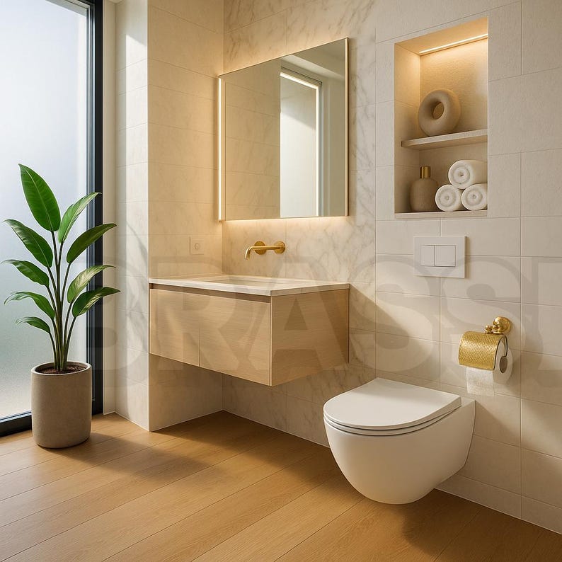 Luxury Brass Toilet Paper Holder – Modern Wall Mount Bathroom Fixture – Polished Gold Finish – Minimalist Hotel Style Bathroom Decor