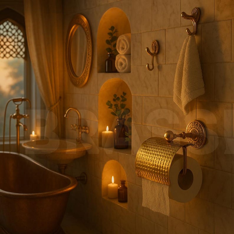 Luxury Brass Toilet Paper Holder – Modern Wall Mount Bathroom Fixture – Polished Gold Finish – Minimalist Hotel Style Bathroom Decor