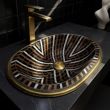 Luxury oval brass bathroom sink with bone, resin, and wood inlay – handcrafted Moroccan drop-in vanity basin