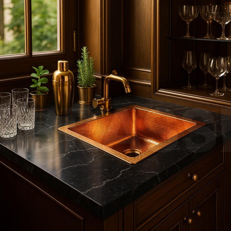 Moroccan Hammered Antique Copper Bar Sink style – Square Drop-In Unlacquered Kitchen Prep Sink – Copper Utility Basin Handmade Luxury