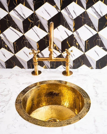 Moroccan Hammered Brass Bar Sink, Round Drop-In Unlacquered Kitchen Prep Sink, Gold Copper Utility Basin Handmade Luxury Copper Bar vessel