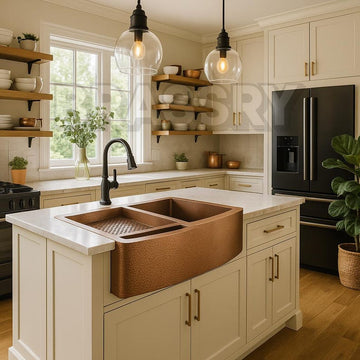 Moroccan Hammered Copper Farmhouse Sink with Drainboard – Handcrafted Double Bowl Apron Front Kitchen Sink