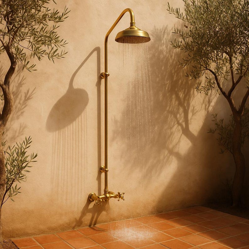 Moroccan unlacquered brass rain shower system with round head
