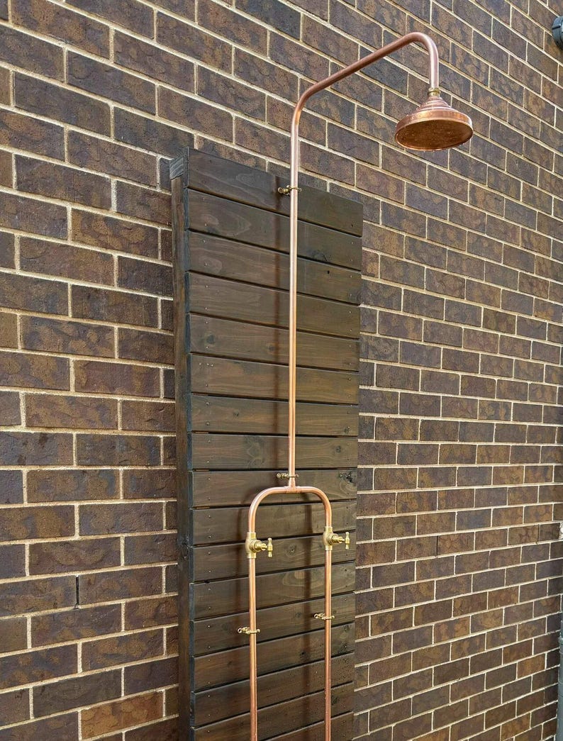 Outdoor copper shower with shower head – wall mount design