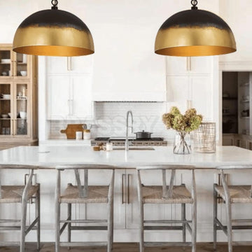 Rusted Moroccan copper dome pendant light over kitchen island