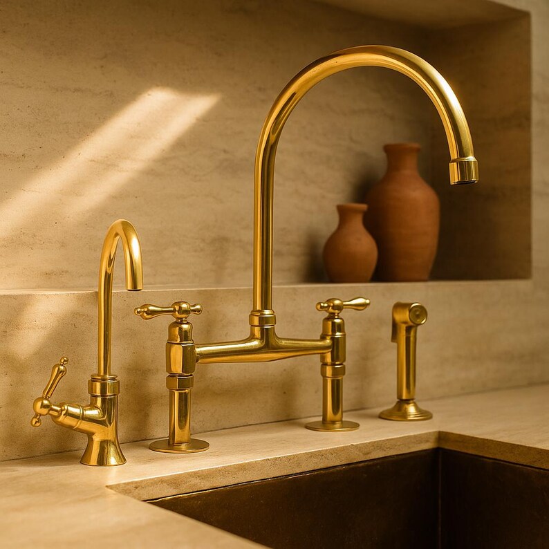 Solid brass bridge kitchen faucet with side sprayer