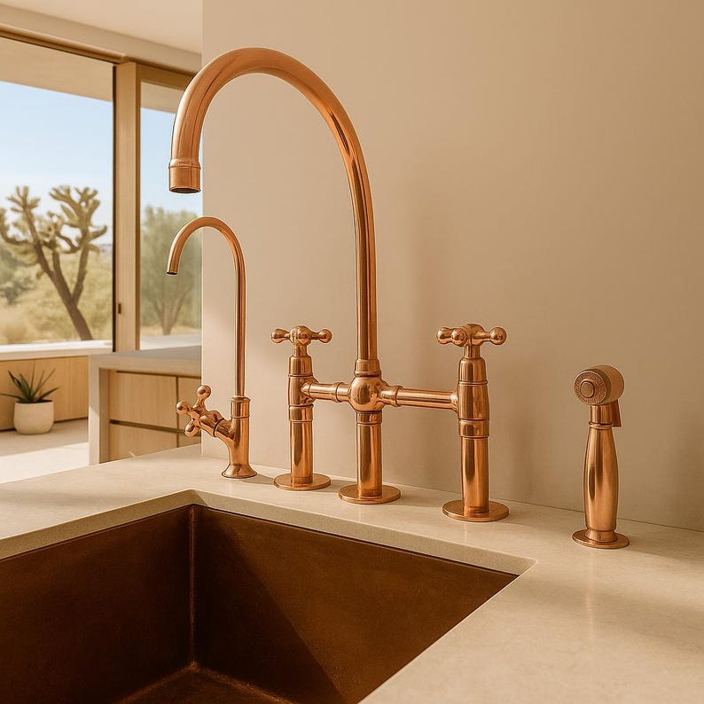 Solid Copper Bridge Kitchen Faucet with Side Sprayer – Farmhouse Tap ...