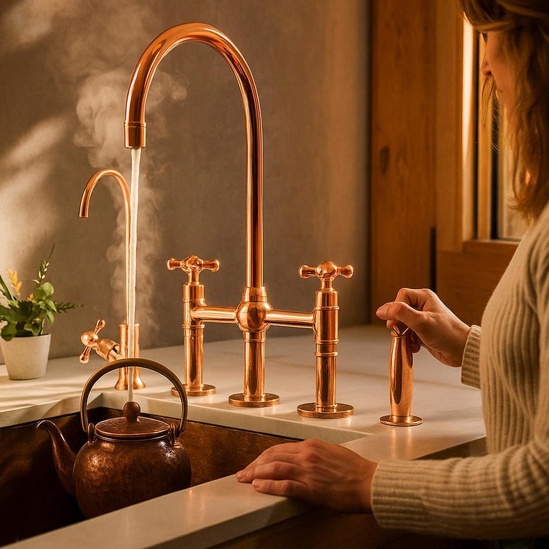 Solid copper bridge kitchen faucet with side sprayer