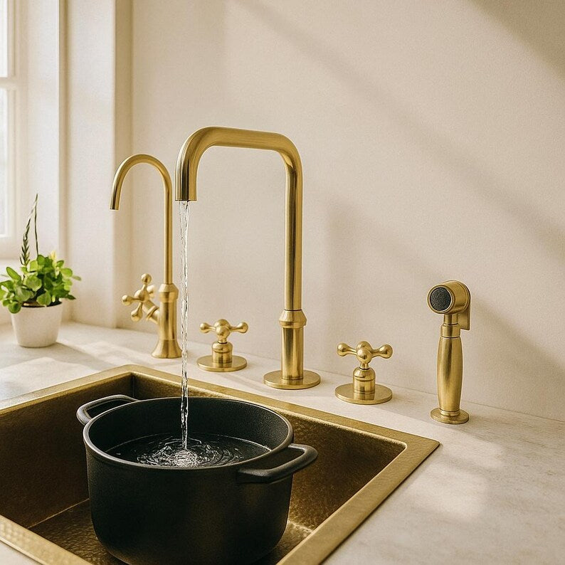 Vintage farmhouse brass kitchen faucet with sprayer