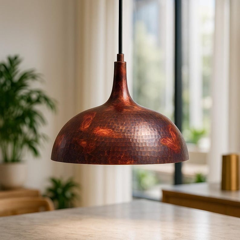 Handcrafted Hammered Copper Pendant Light – Rustic Dome Ceiling Lamp