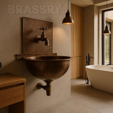 Rustic Moroccan Copper Wall-Mounted Sink with Backplate & Brass Faucet