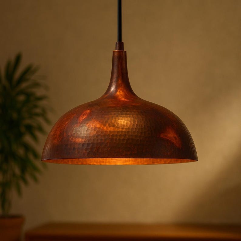 Handcrafted Hammered Copper Pendant Light – Rustic Dome Ceiling Lamp