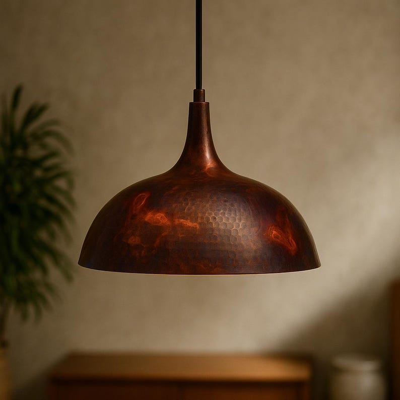 Handcrafted Hammered Copper Pendant Light – Rustic Dome Ceiling Lamp