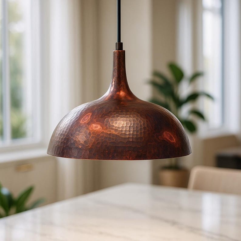 Handcrafted Hammered Copper Pendant Light – Rustic Dome Ceiling Lamp