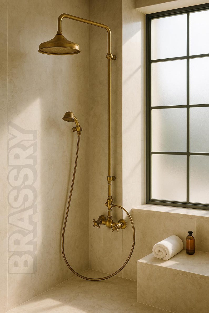 Handmade solid brass vintage shower fixture with cross handles and aged patina