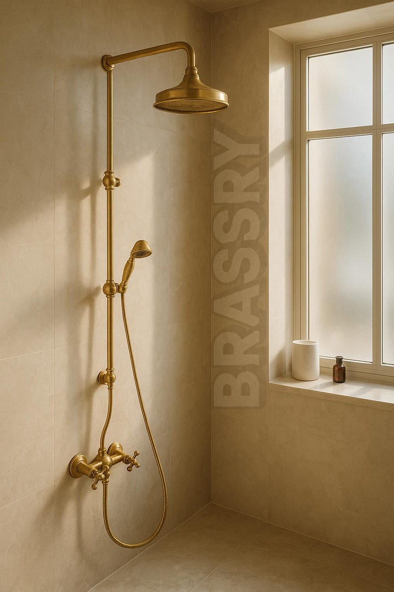 Handmade solid brass vintage shower fixture with cross handles and aged patina