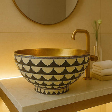 Handmade Brass & Bone Vessel Sink – Round Resin Inlay Vanity Bowl