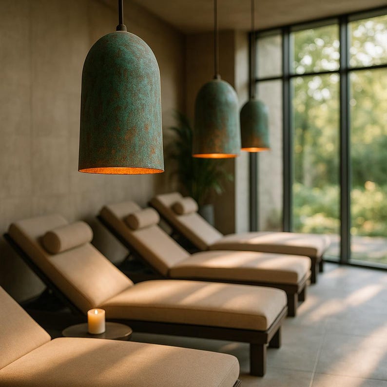 Patinated Copper Pendant Light – Blue-Green Dome Ceiling Lamp