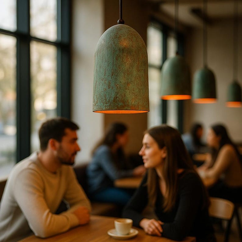 Patinated Copper Pendant Light – Blue-Green Dome Ceiling Lamp
