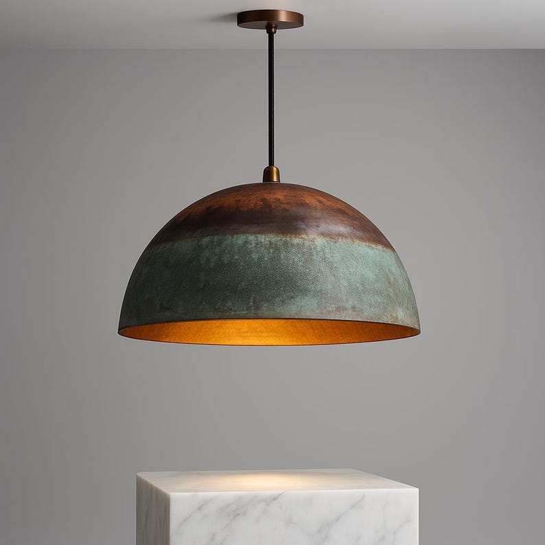 Oxidized Copper Half Dome Pendant Light – Rustic Green Ceiling Lamp